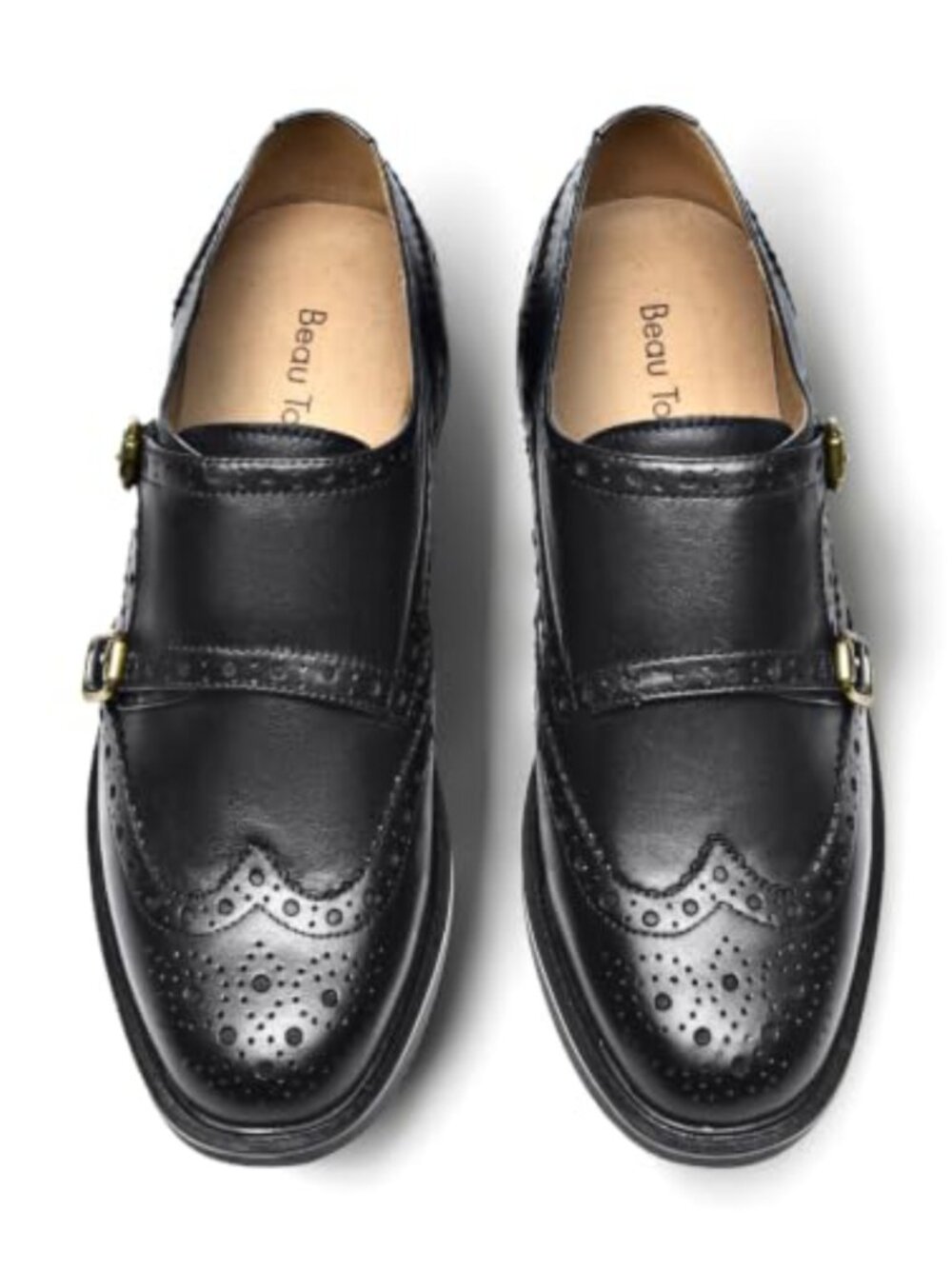 Womens Leather Monk Strap Loafers Wingtip Brogue Slip-On Office Shoes